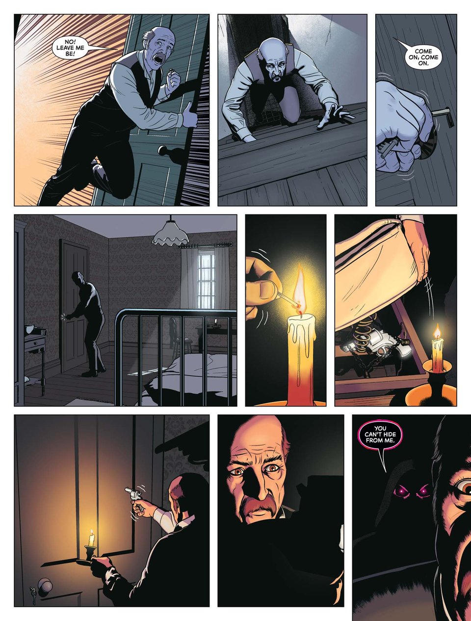 The man, Oscar Hobbes, runs into his house and up the stairs, entering his room and locking the door behind him. He lights a candle, retrieves a handgun from under his mattress, and points the gun at the door, hands shaking. A hooded figure with glowing eyes appears from the shadows behind him.