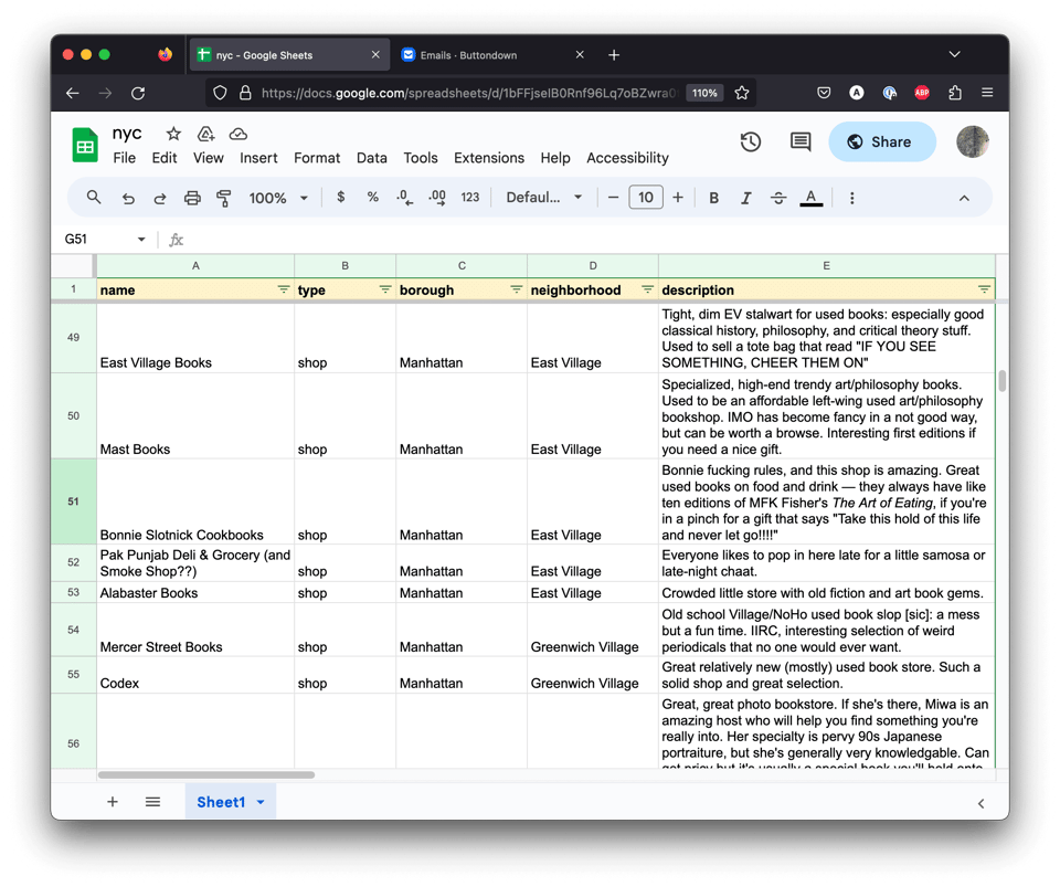 A screenshot of a spreadsheeting showing NYC recommendations