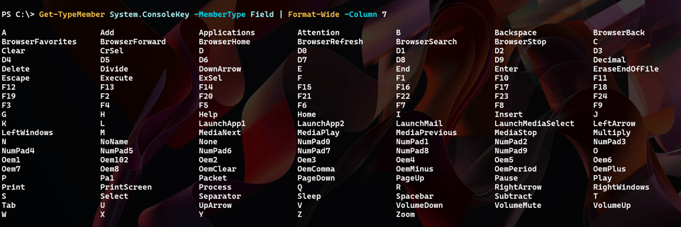 System.ConsoleKey values