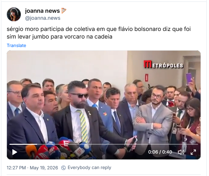 Post de joanna news🪉 (‪@joanna.news‬): sérgio moro participa de coletiva em que flávio bolsonaro diz que foi sim levar jumbo para vorcaro na cadeia (post contém video)