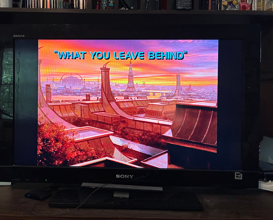A photo of my television, paused, as we were watching the last episode of Deep Space 9. The title, "What You Leave Behind," is on the screen.