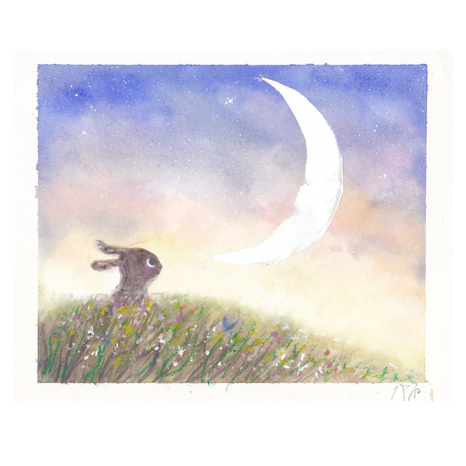 A watercolour painting by Kip Alizadeh showing a brown baby rabbit sitting in wildflowers looking up in wonder at the dusky sky