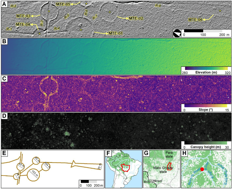 Topographic maps of terrain height and slope showing the existence of previously-unfound earthworks in the Amazon.