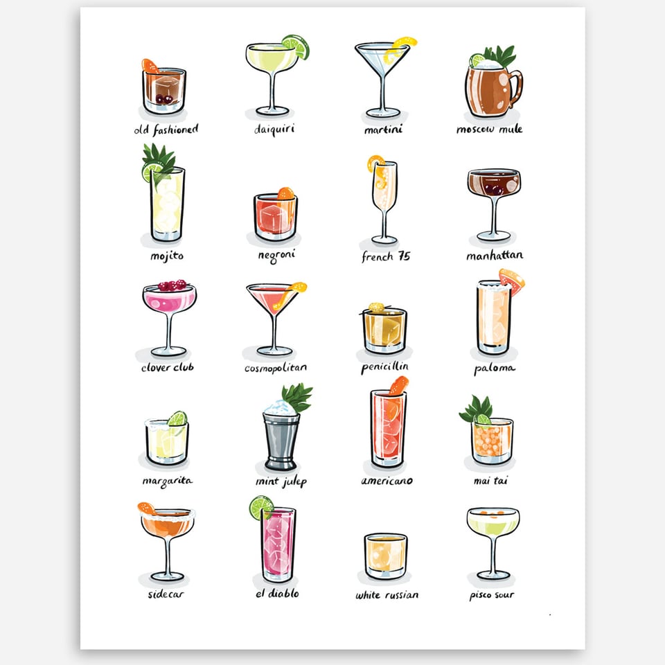 a full color 11x14" print of 20 illustrated cocktails.