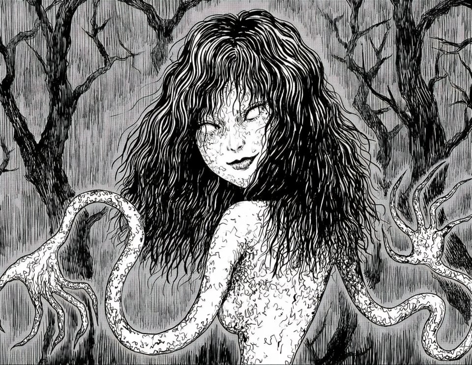 The parasitic growth of Tomie smiling