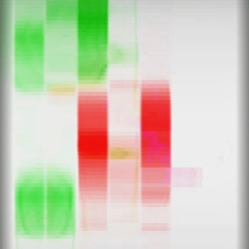 An album cover with a white background, and blurred, pixelated streaks of green and red are parallel to one another. Echoed pixels of yellow appear few.