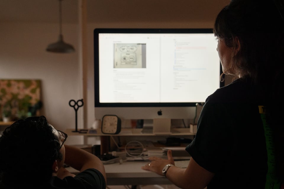 Two people looking at a computer screen.
