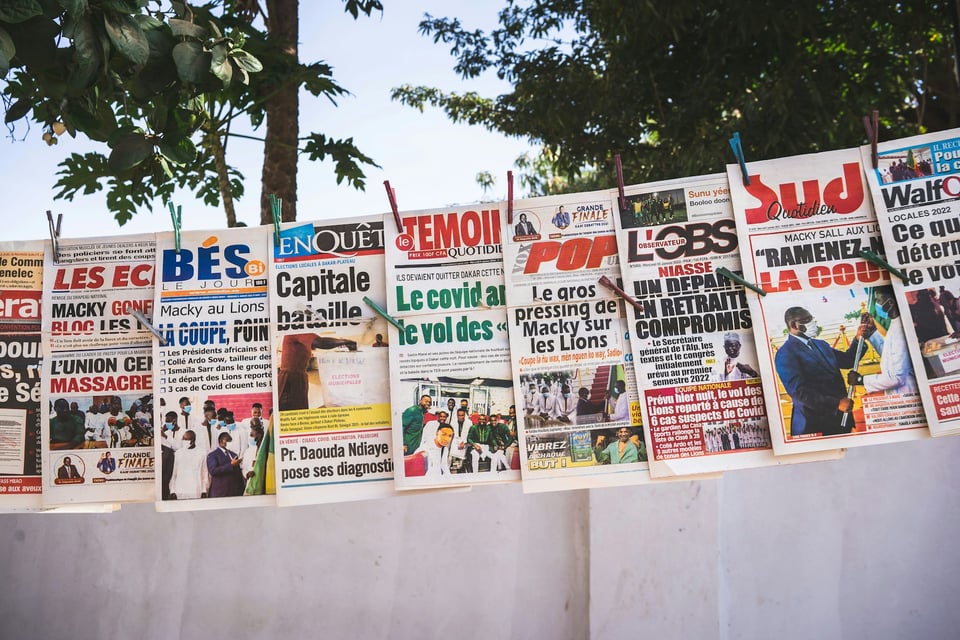 Newspapers pinned to a wall, with trees in the background.