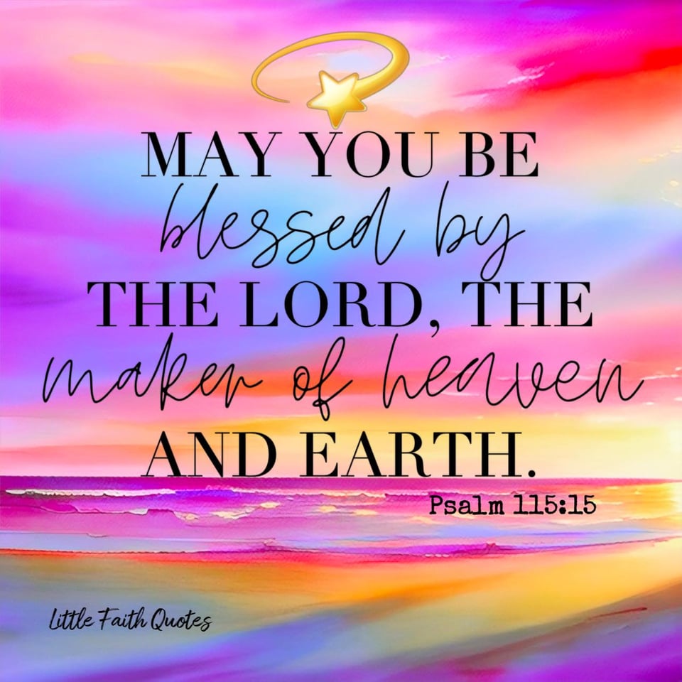 "May you be blessed by the LORD, the Maker of heaven and earth." The sun sets in a pastel lavender, blue, pink, and orange sky. The ocean below pops in shades of pink, violet, blue, and orange. Image by: @Little Faith Quotes.