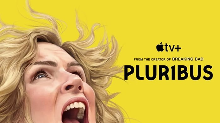 An Apple TV ad for the show Pluribus. It shows part of a woman's head against a yellow background. The woman is screaming.