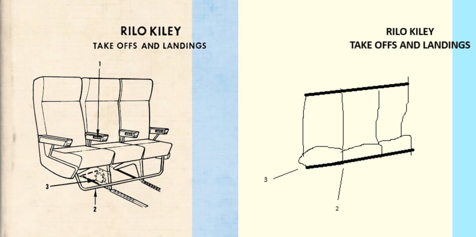 A pen and ink diagram of three airline seats on a beige background. Arrows point to one of the arm rests, a bar at the bottom that runs across the bottom of all the seats, and  to some unidentifiable piece underneath the first chair.