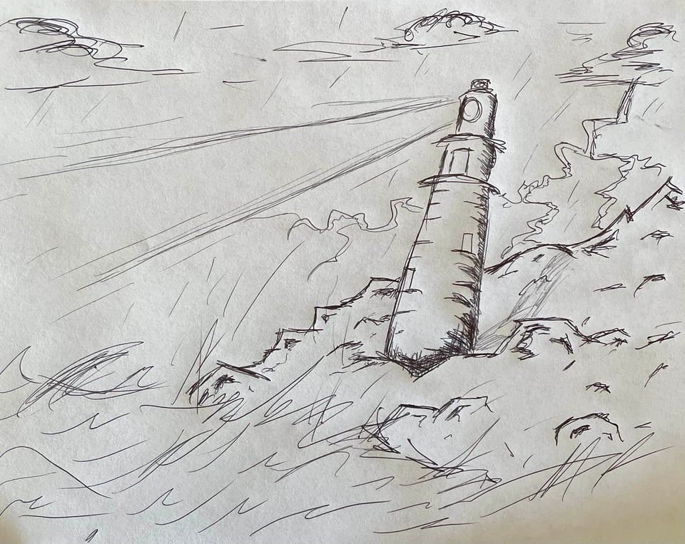 A rough sketch of a lighthouse leaning back and shining its light into a raging sea as lightning cracks the sky