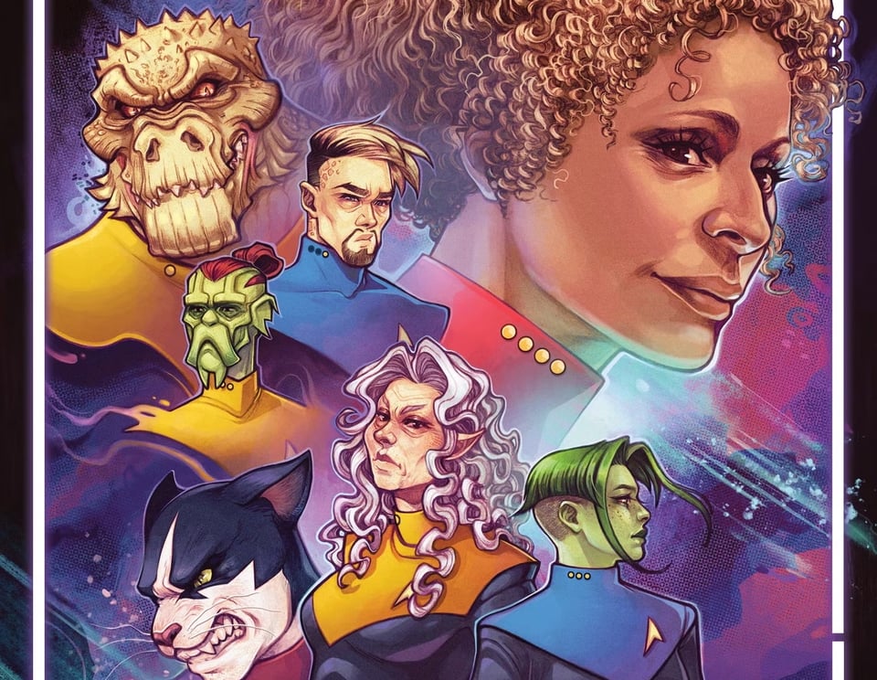 A collection of faces: Raffi Musiker, D'Vana Tendi, an old Vulcan lady, a snarling cat guy, a green alien with red hair, a Trill and a lizard dude