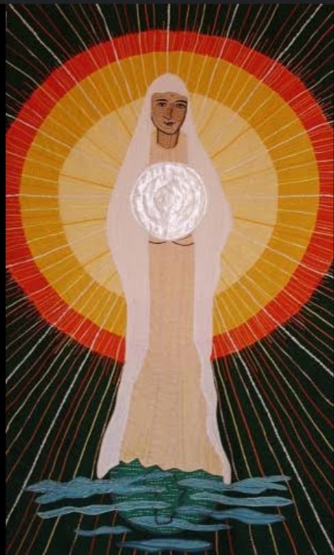 A painting or drawing of a floating Mary cloaked in white, standing before a brilliant, abstracted sun of concentric orange and yellow circles, its rays shooting outward, the clouds at her feet.