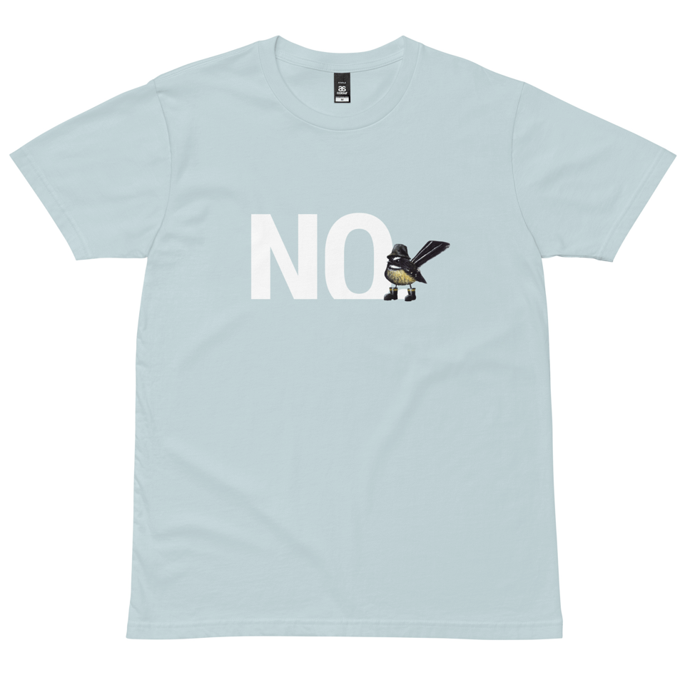 A t-shirt that says "no." There is a cute bird (a fantail) on it that appears to be saying the no.