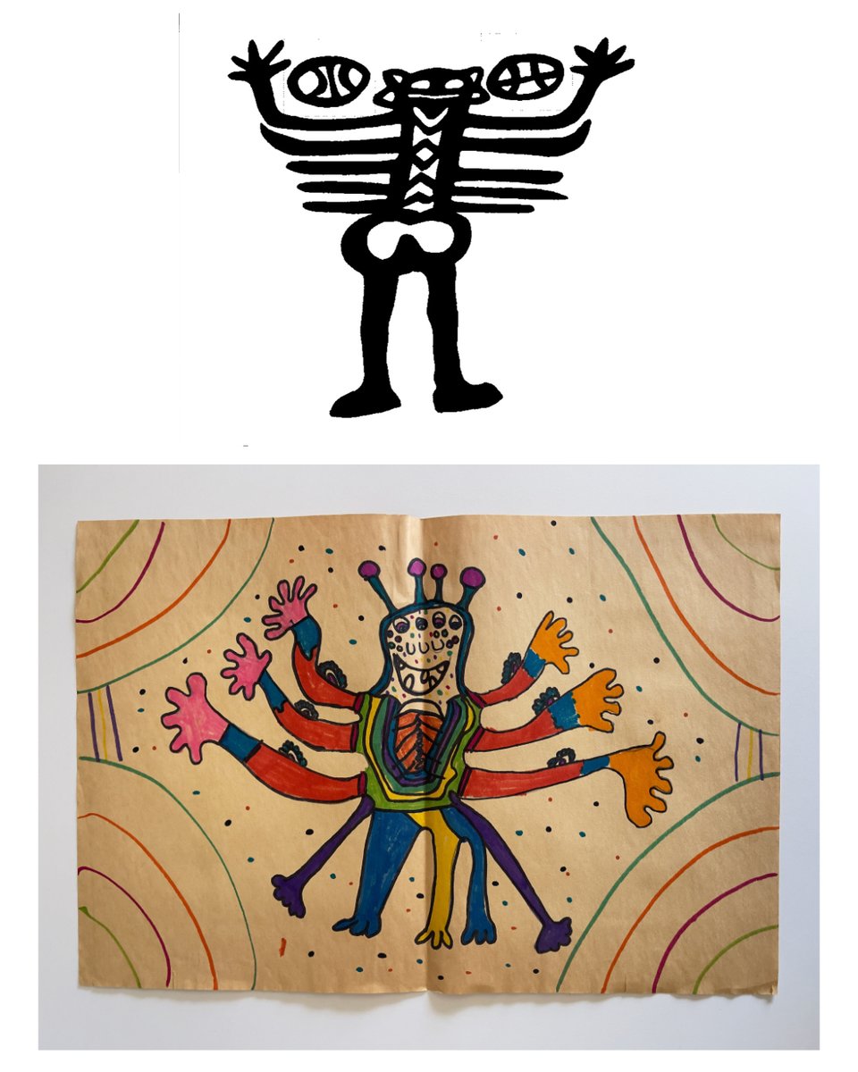 On top, an image of a pictograph of a penis-shaped being with a face, arms out/up, and symbols containing half circles on either side. On bottom, a colorful marker drawing of an alien in a similar stance surrounded by half circles and dots.