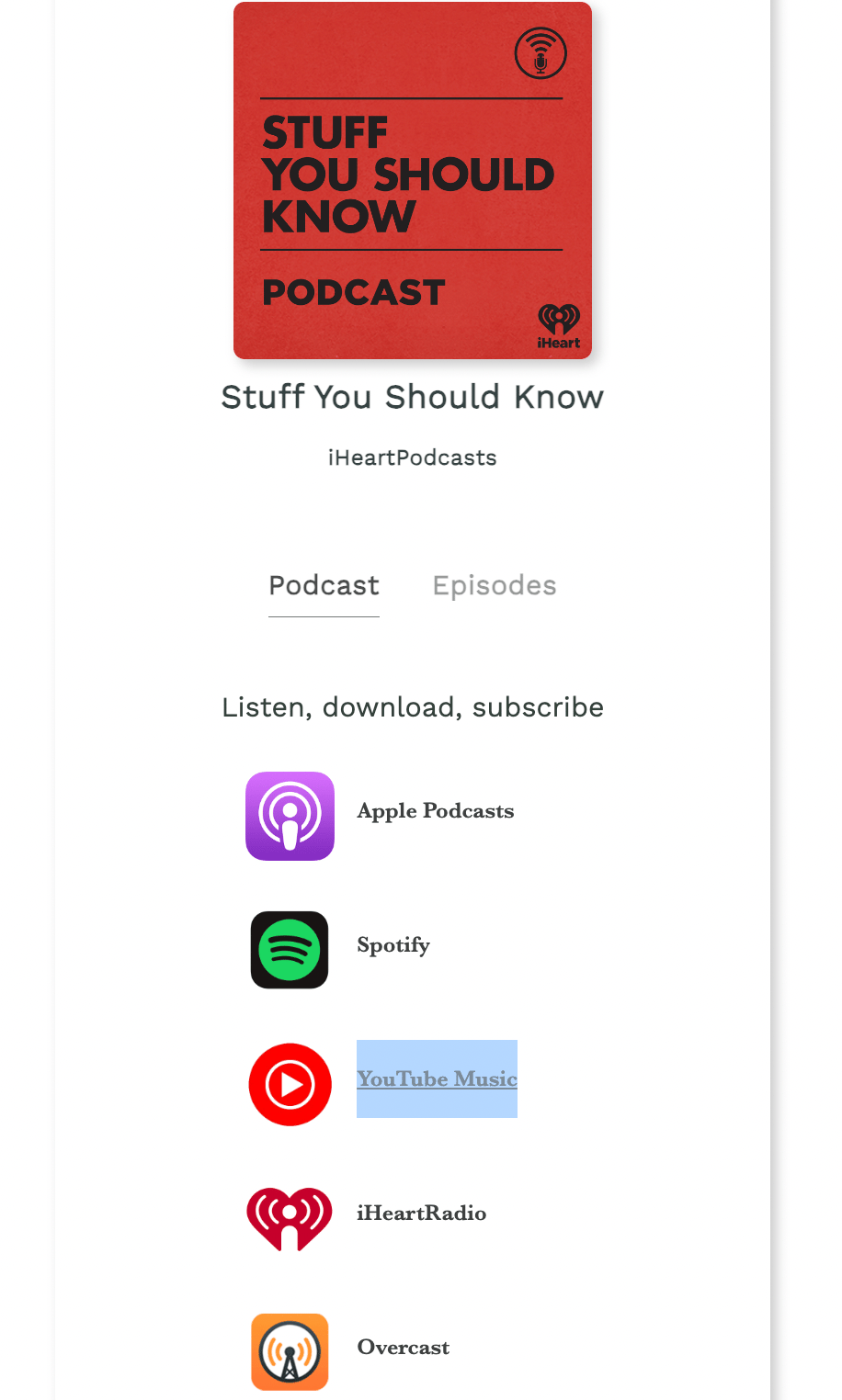 YouTube Music link shown on Plink Show Page.
