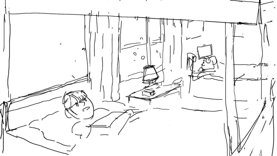Sketch for Lucie’s scene. A bedroom with two beds. One in the front, one in the back. There is a kid in each bead, the one in the back has a square head. Everything is very rough