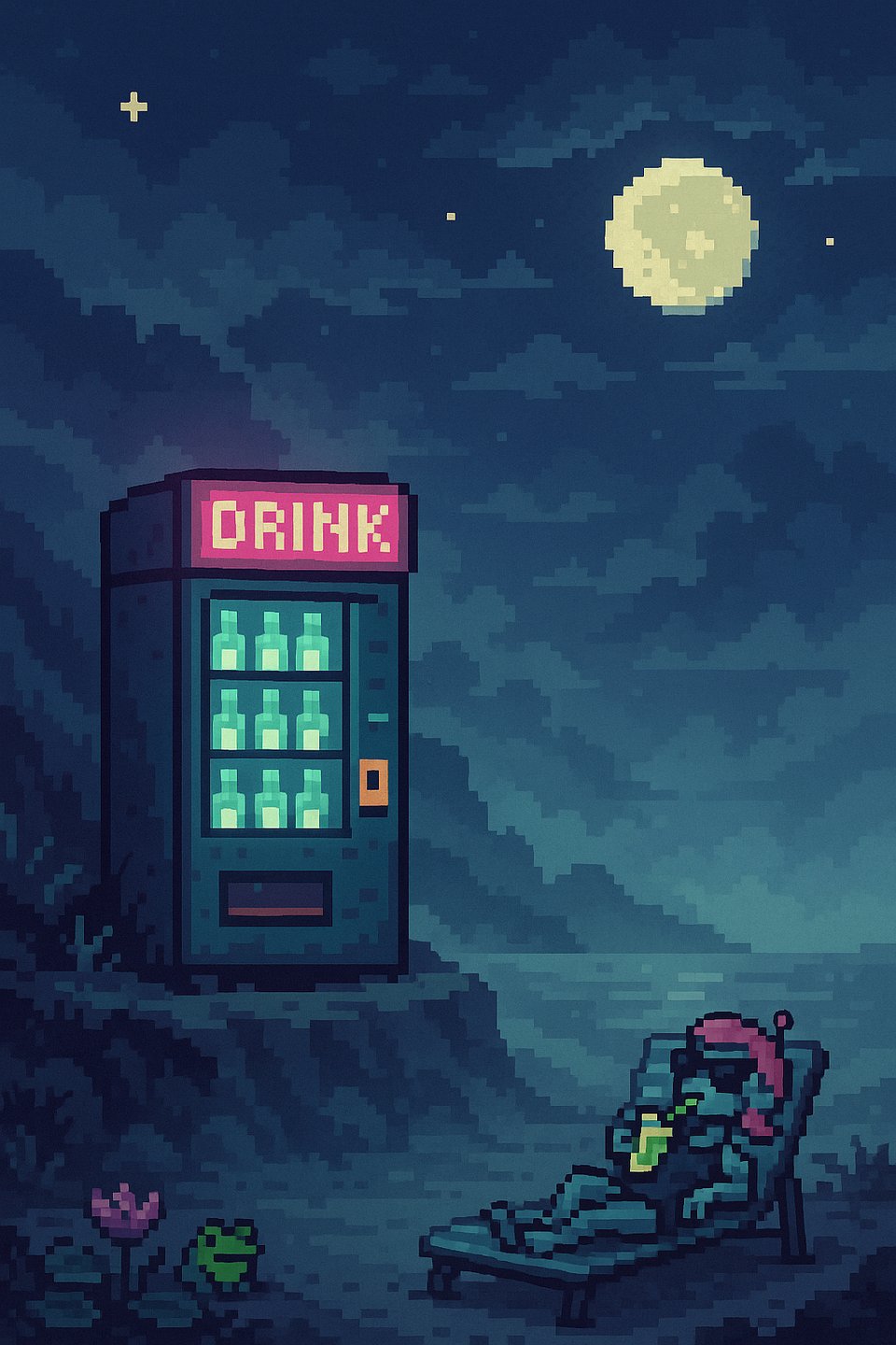 A lonely vending machine on a misty alien cliff, selling only glowing drinks and secret wishes. âtiny lights flickering, frogs hiding in the mist, and a sad little moon peeking through pixel clouds