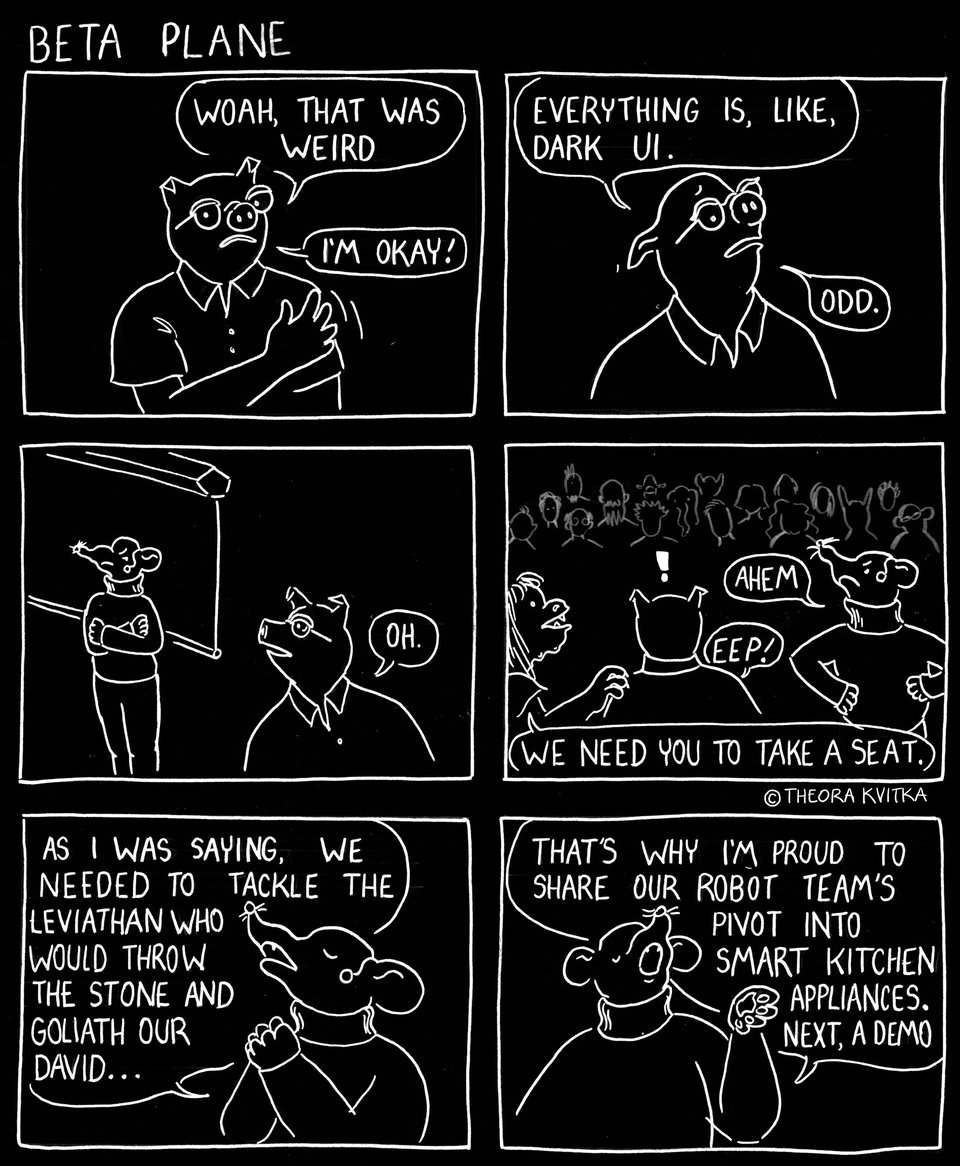 Six panel comic on a black background. Darlington wakes up in the beta plane and realizes he's in front of an All Hands meeting like the one he just left.