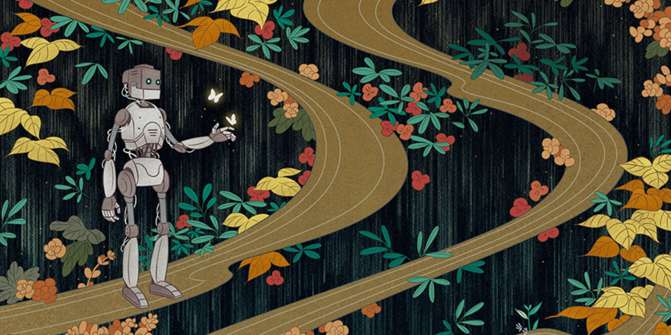 A robot walking through a forest.