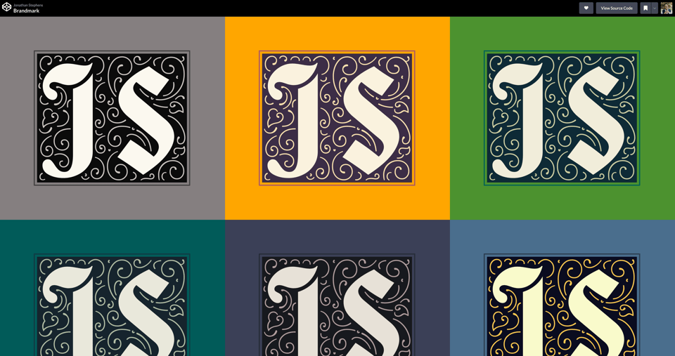 Six monograms laid out side bys ide, with the top three bieng fully visible and the bottom three being cut off. Each are varying colors of background, border, frills, surface, and letters.