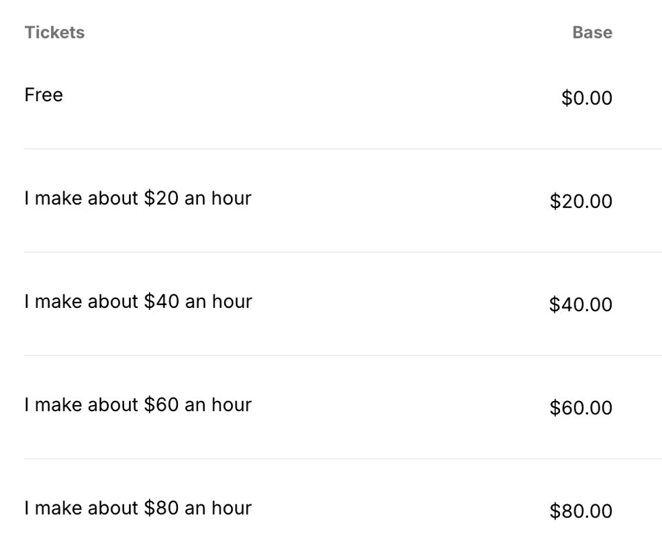 It's a screenshot from the Wealth Walk ticketing page and it says "I make about $20 an hour," "I make about $40 an hour," and so on up to $80.