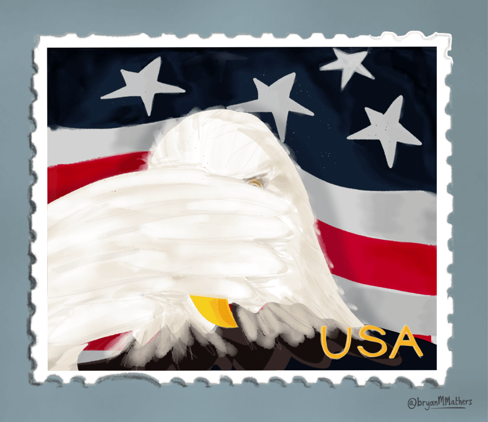 a bald eagle with a wing over its eyes on a u.S. stamp