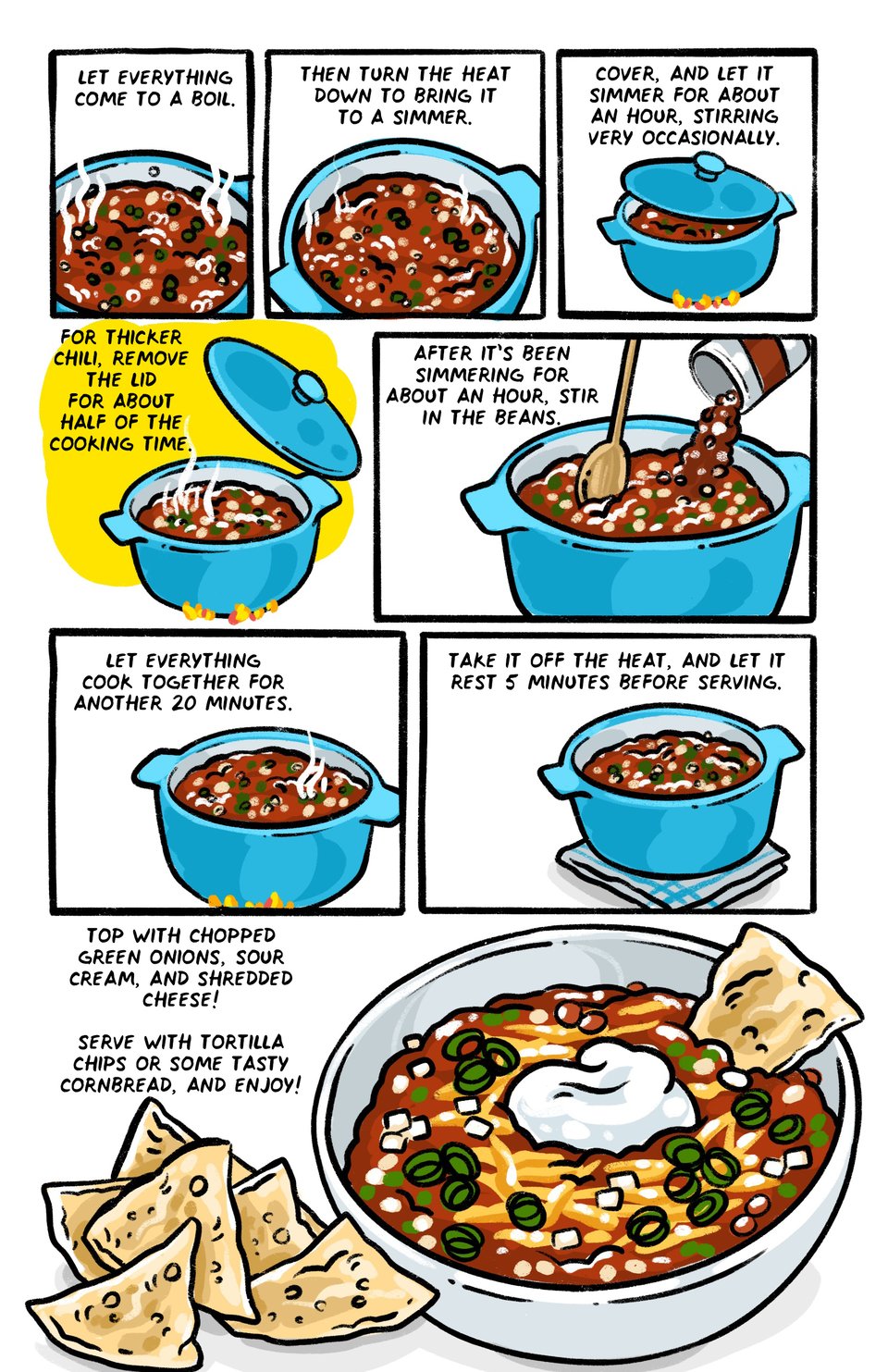 Let everything come to a boil.

Then turn the heat down to medium-low and bring it to a simmer.

Cover, and let it simmer for about an hour, stirring occasionally! 

For thicker chili, remove the lid for about half of the cooking time.

After it’s been simmering for about an hour, stir in the beans.

Let everything simmer for another 20 minutes. 

Then take it off the heat, and let it rest for 5 minutes before serving! 

Top with chopped green onions, sour cream, shredded cheese!