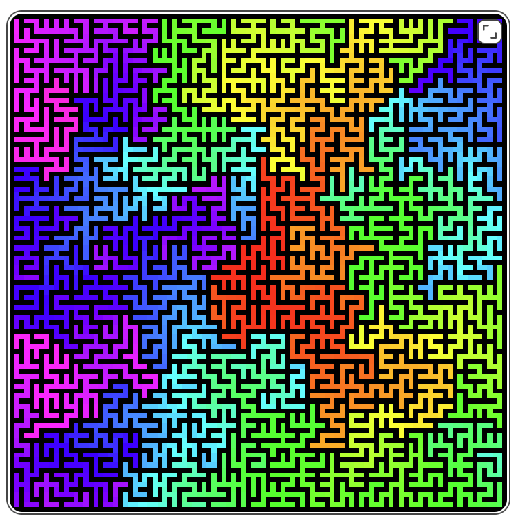 A complex square maze with black walls and multicolored pathways that blend through a gradient spectrum—from purple and pink on the left, through blue and green, to orange and yellow on the right. The vivid colors create a dynamic, almost heatmap-like visual effect across the maze.