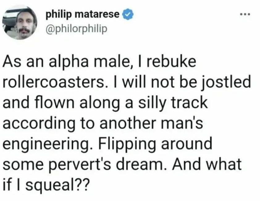 @philorphilip: As an alpha male, I rebuke rollercoasters. I will not be jostled and flown along a silly track according to another man's engineering. Flipping around some pervert's dream. And what if I squeal??