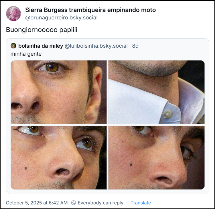 Post de @brunaguerreiro.bsky.social com fotos que mostram detalhes do rosto de Luigi e o texto: Buongiornooooo papiiii