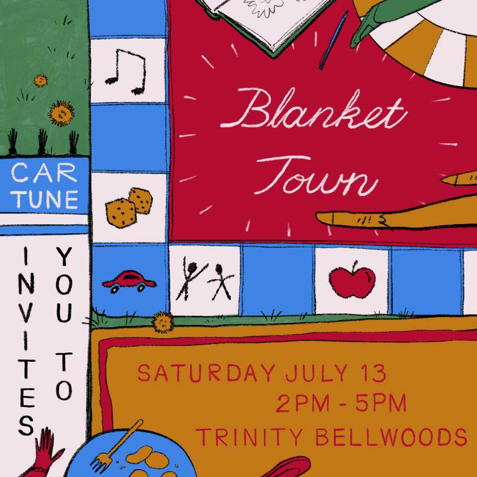 Image is a drawn poster for an animation meet-up called Blanket Town, happening Saturday July 13 from 2PM-5PM in Trinity Bellwoods.