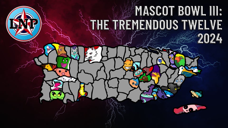 The new map for 2024's Mascot Bowl III adds, going from west to east, north to south: Patrimental the angry stallion in Añasco, Verditleta the happy cucumber in San Sebastián, Hirundacán the jet swallow in San Germán, Fulminatriz the electric butterfly in Guayanilla, Aversátil the seductive pigeon in Cidra, Queraniego the singing coquí in Caguas, Morsajero the telegraphic walrus in Arroyo, Catumboscada the spooky vejigante mask in Loíza, Colubrejo the cannon crab in Maunabo, Zucariño the sweet bee in Yabucoa, Pesquilanza the worried marlin in Ceiba and Nortimón the northsure pelican in Naguabo.