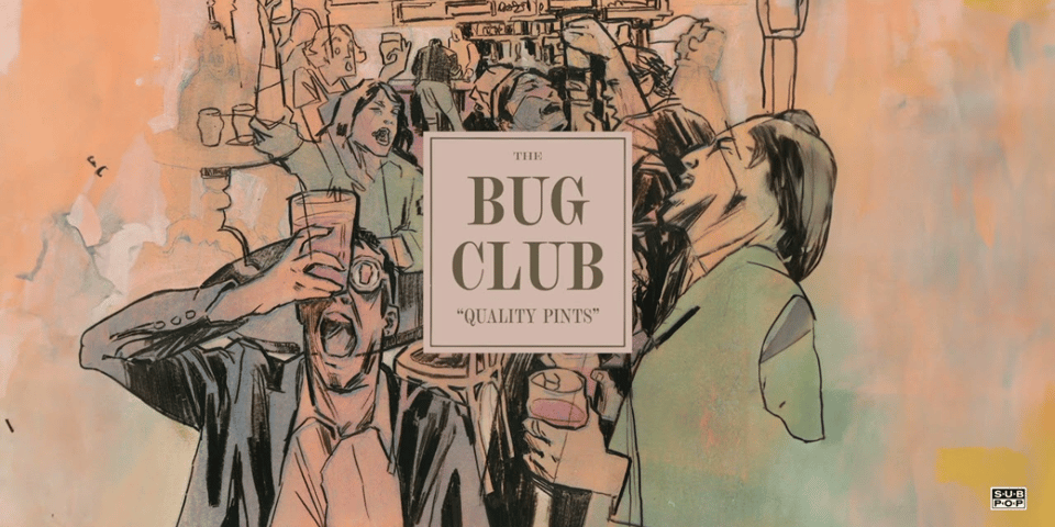 Illustration of lots of people in a pub.