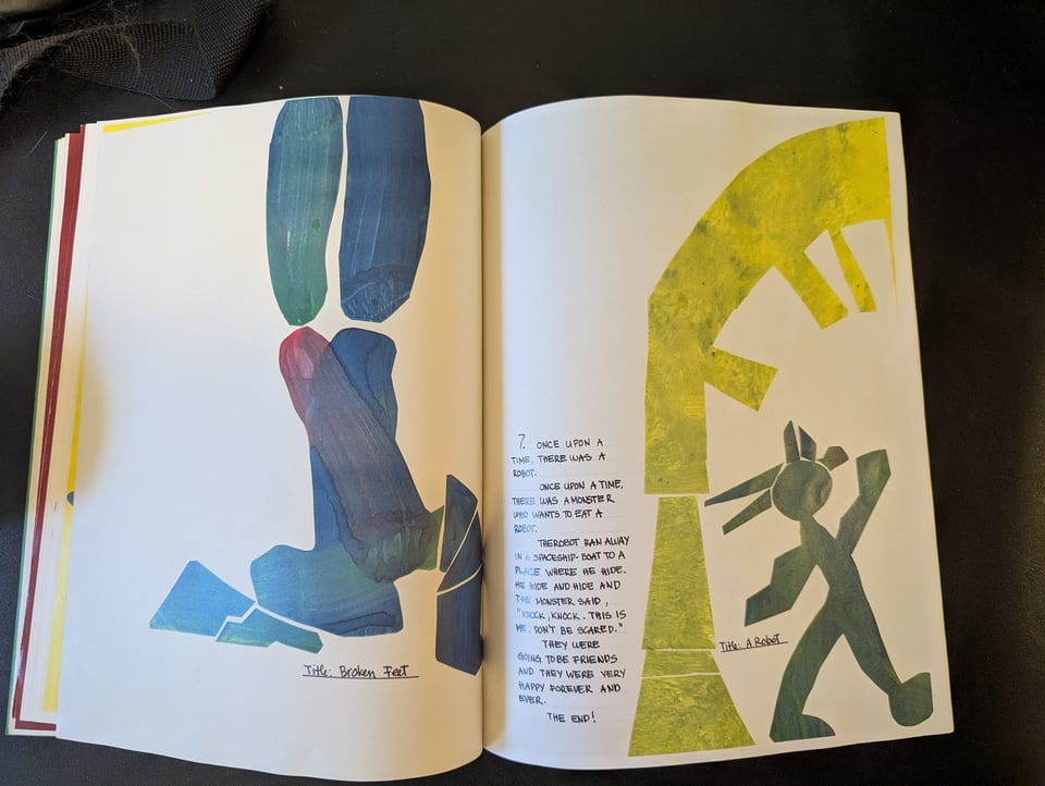 A child's rendition of a robot and monster