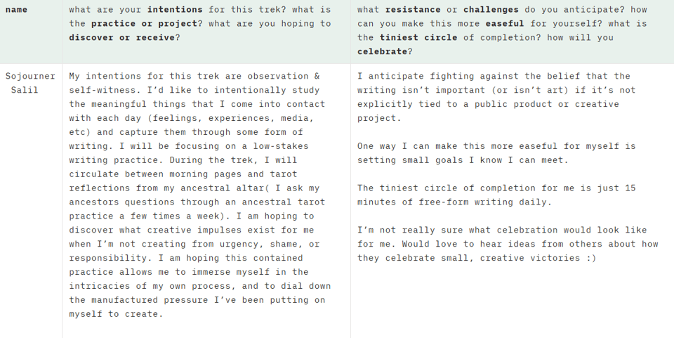 A text document detailing Sojourner's intentions, practices, challenges, and goals related to a personal writing trek focused on self-witness and creative exploration.