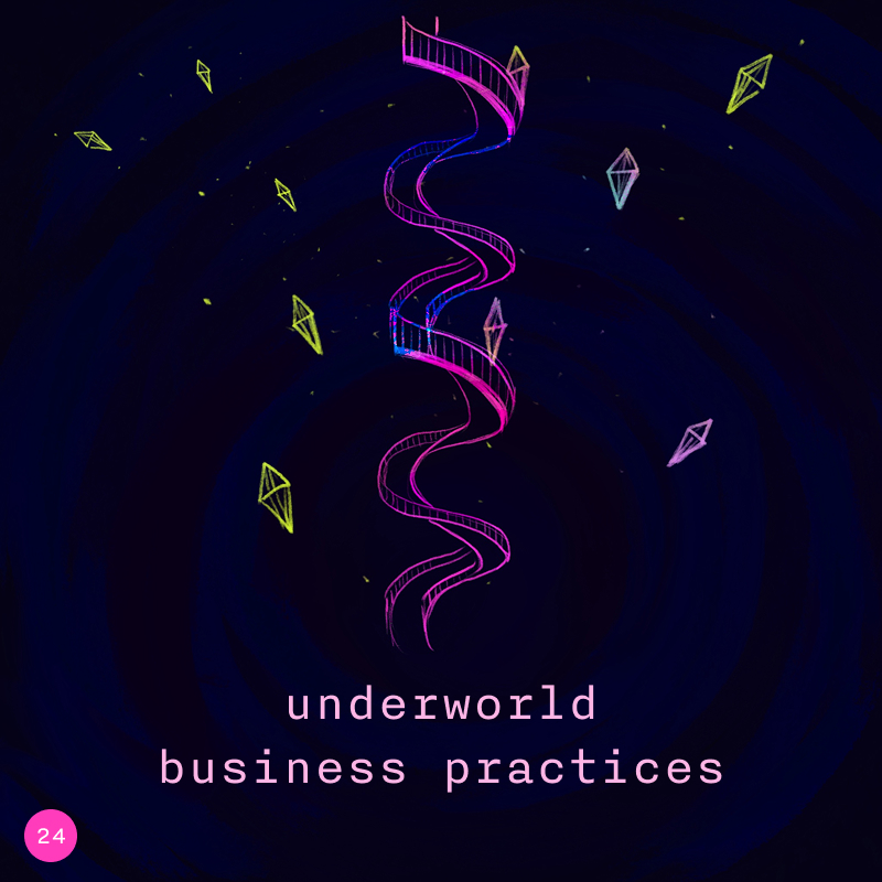 underworld business practices spiraling staircase with falling jewels
