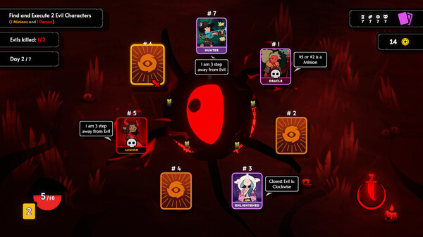 Screenshot from the game. A giant demonic eye is in the middle, surrounded by cards representing different villagers. Two of them say: "I'm 3 step away from evil." Another says: "#5 or #2 is a Minion." A final one says: "Closest Evil is, clockwise."