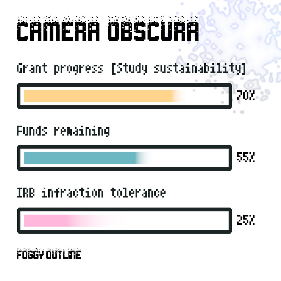 Camera Obscura by Foggy Outline. Grant progress 70 percent. Funds remaining 55 percent. IRB infraction tolerance 25 percent.