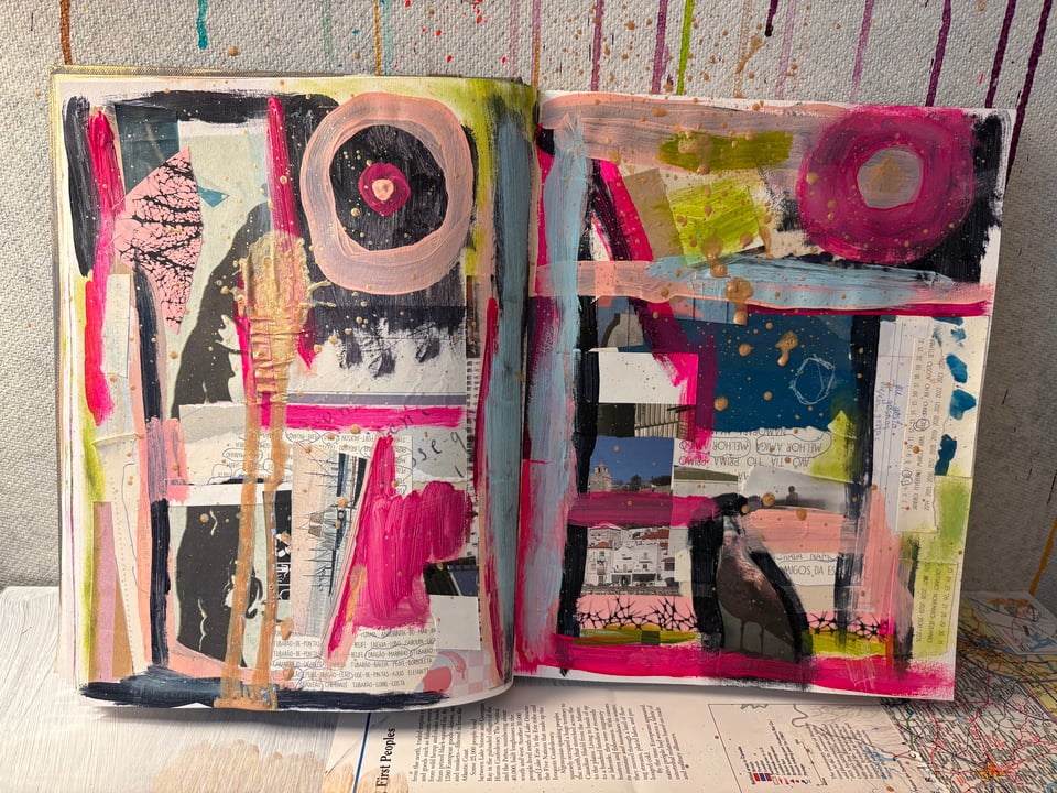 A picture of a sketchbook collage with paint over the collage pieces in iridescent gold, hot pink and light blue.