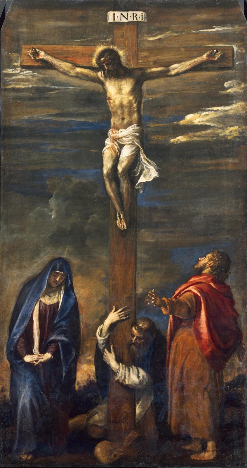 A painting of Jesus nailed to the cross, with three people mourning below