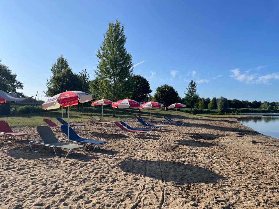 Beach chairs and umbrellas lined up on a sandy beach in front of a lake.