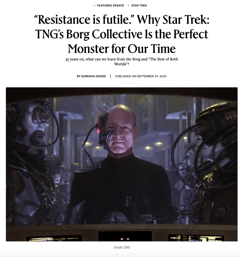 Screenshot from a magazine showing article title above a still from Star Trek: TNG showing Sir Patrick Stewart as Locutus of Borg, in a charcoal body suit and prosthetics, in a Borg spacecraft, with a cyborg on either side.