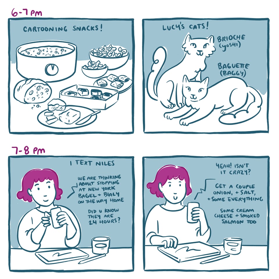 Panel 1: 6-7 PM, An assortment of food - a pot of soup, potato chips, artisanal bread, cheeses, brownies and rugelach. Caption: