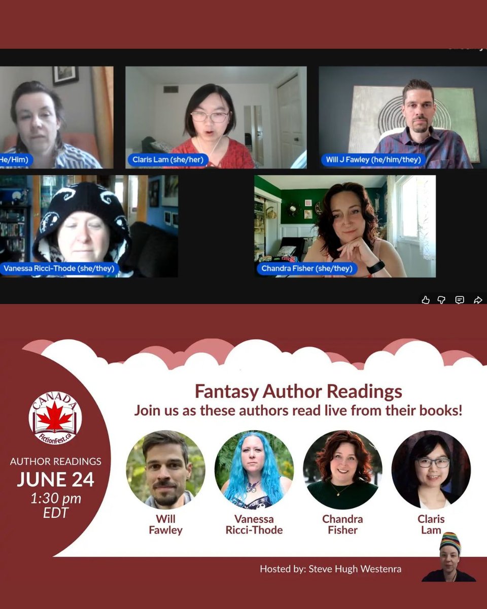 Image contains two images: The above one is a screenshot from the Fantasy Author readings panel, with the bottom image being a promo image featuring the four authors involved in the panel; Will Fawley, Vanessa Ricci-Thode, Chandra Fisher and Claris Lam, as well as moderator/host Steve Hugh Westenra.