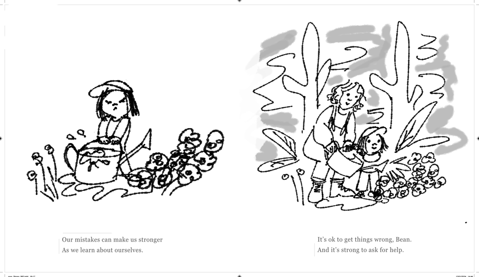 first sketch of a spread from I Am Strong Just Being Me, showing Bean struggling with a watering can