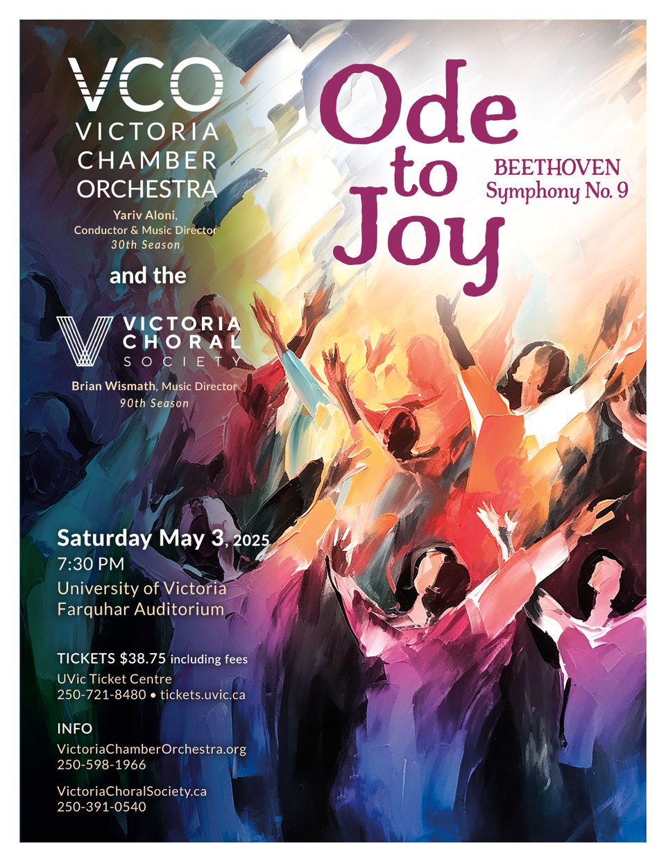 A concert poster for the Victoria Chamber Orchestra and Victoria Choral Society, with painted stylized people in a joyful pose, arms spread wide