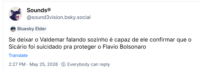 Post de Sounds® (‪@sound3vision.bsky.social‬): Se deixar o Valdemar falando sozinho é capaz de ele confirmar que o Sicário foi suicidado pra proteger o Flavio Bolsonaro