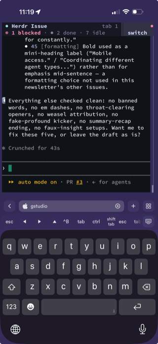 Herdr session over SSH in Termius on iPhone, showing the agent status bar and a dictation-ready chat input